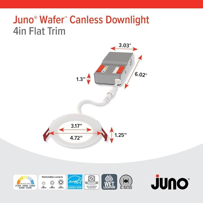 Juno LED Recessed Lights 4 Inch Round Baffle Wafer Downlight, 5-in-1 Switchable White Color Temperature, Adjustable Brightness, 120 Volts, 4-Inch Flat Trim, 6 Pack, Matte White