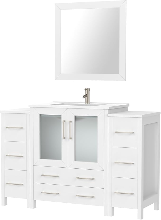Vanity Art 54 Inch Under Mount Single Sink Bathroom Vanity Cabinet with 1 Mirror, Ceramic Top Bathroom Cabinet Compact Set with 8 Dovetail Drawers and Brushed Nickel Handles, VA3030-54-W