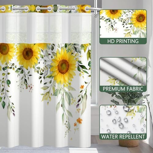 No Hook Sunflower Shower Curtain with Snap in Liner 71x74 Inch