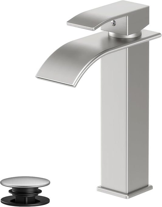 Rywuanku Tall Brushed Nicklel Bathroom Faucet Waterfall Spout, Single Handle Sink Faucet with Pop-up Drain & Deck Plate, Modern 1 Hole Vanity Faucet for RV, Farmhouse, Camper or Bathroom