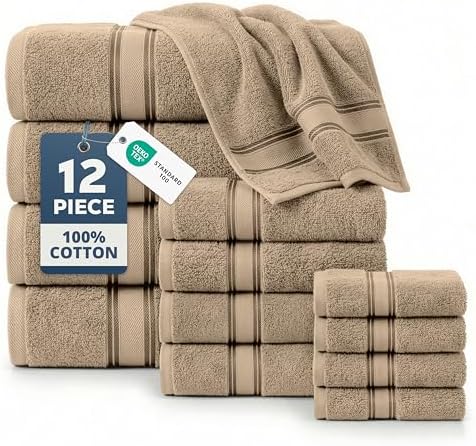 LANE LINEN Bath Towel Set Absorbent Quick Dry 100% Cotton 12 Piece - Taupe