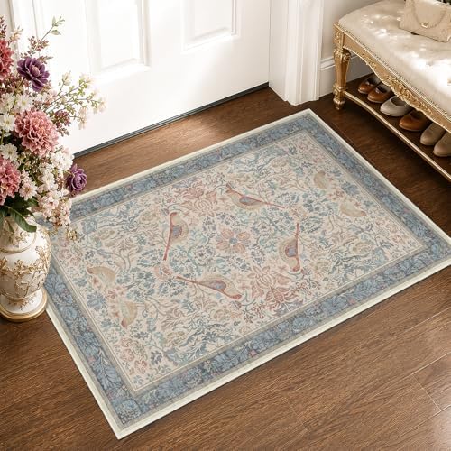 Hazo Haus Washable Red Blue 2x3 Entry Rug Front Door Indoor, Boho Cottagecore Kitchen Floor Rug, Non-Slip & Stain Resistant, Vintage Elegant Farmhouse Floral Décor