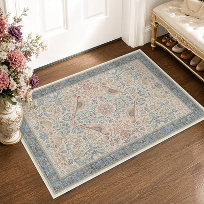 Hazo Haus Washable Red Blue 2x3 Entry Rug Front Door Indoor, Boho Cottagecore Kitchen Floor Rug, Non-Slip & Stain Resistant, Vintage Elegant Farmhouse Floral Décor