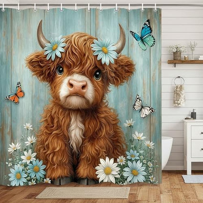 Cute Cow Shower Curtain, Farmhouse Rustic Floral Teal Daisy Funny Highland Cow Shower Curtains for Bathroom, Calf Country Plant Farm Animal Bathroom Decor with Hooks, 70x75 inch