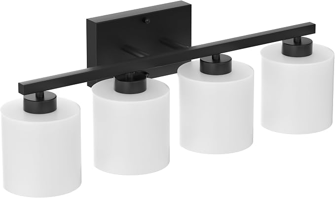 Honesorn 4-Light Vanity Lights, Matte Black Bathroom Light Fixtures | Black Bathroom Vanity Light, Wall Sconces with Milky White Frosted Shades Bedroom,E26 Socket(Bulbs Not Included)