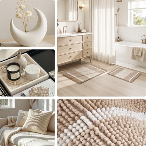 HOMEIDEAS Beige Bathroom Rugs Set of 2, Striped Chenille, 20"x32"+17"x24"