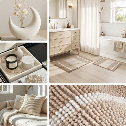 HOMEIDEAS Beige Bathroom Rugs Set of 2, Striped Chenille, 20"x32"+17"x24"