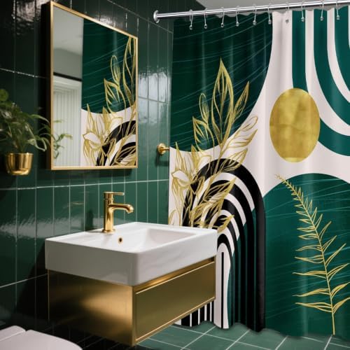 Emerald Green and Gold Shower Curtain, 60X72 in, Mid Century Modern