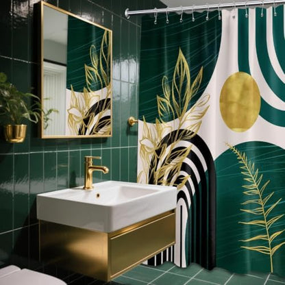 Emerald Green and Gold Shower Curtain, 60X72 in, Mid Century Modern