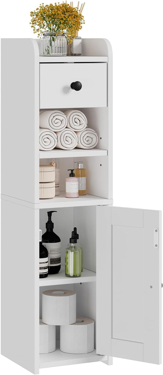 Small Bathroom Storage Cabinet,Narrow Toilet Paper Holder,Corner Floor Cabinet with Doors and Drawer for Small Space,Adjustable Shelf Organizer,7.75L*7.75D*29.6H,White