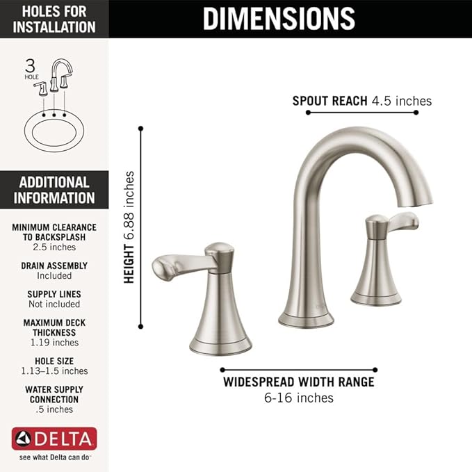 Delta Faucet Esato Widespread Bathroom Faucet Brushed Nickel, Bathroom Faucet 3 Hole, Bathroom Sink Faucet, Drain Assembly, SpotShield Brushed Nickel 35897LF-SP