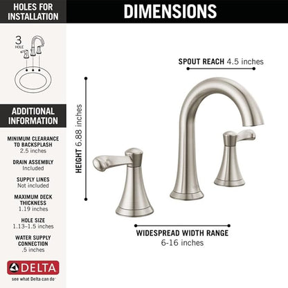 Delta Faucet Esato Widespread Bathroom Faucet Brushed Nickel, Bathroom Faucet 3 Hole, Bathroom Sink Faucet, Drain Assembly, SpotShield Brushed Nickel 35897LF-SP