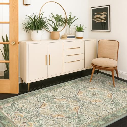 Large Entryway Rugs Indoor - 3x6 Sage Washable Soft Area Rugs for Kitchen, Bedroom Bedside, Living Room, Door Mat Indoor Entrance, Hallway, Beige Woodland Flowers, Non Slip Stain Resistant Low Pile