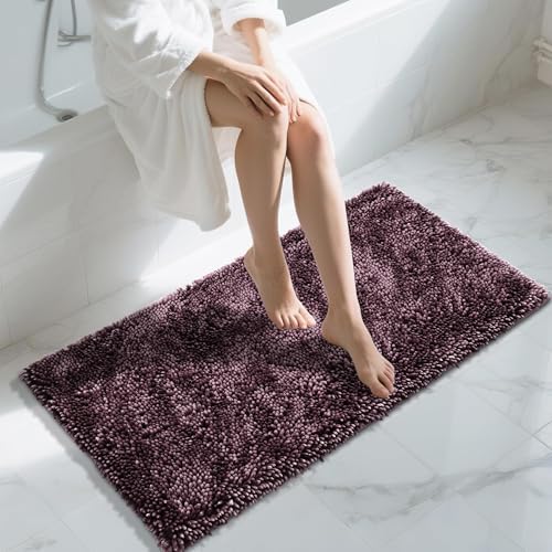 Yimobra Long Bathroom Rug Non Slip 44x24 Inch, Extra Thick Soft Absorbent Chenille Bath Mat, Machine Washable Bath Rugs for Bathroom Floor, Tub and Shower, Home Decor Accessories, Purple Grey