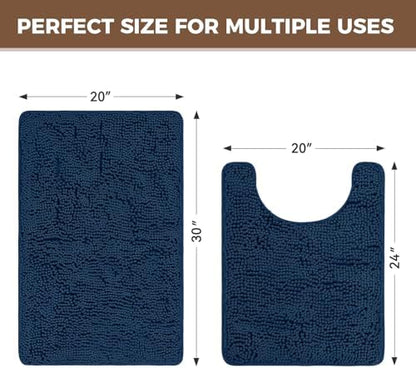 Bcoimo U Shaped Bath Rug Mat Set,2 Piece Chenille Navy Toilet Bathroom Rugs