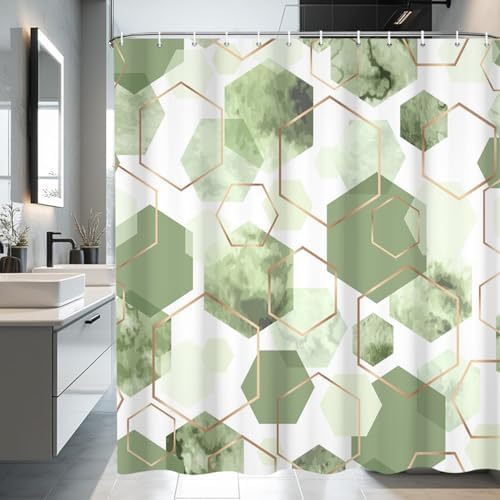 deFouliao Sage Green Shower Curtain Modern Abstract Green Geometric Grid Bathroom Curtain Sets for Bathtub Home Decor, Waterproof Fabric Washable with Hooks, 72x72 Inch