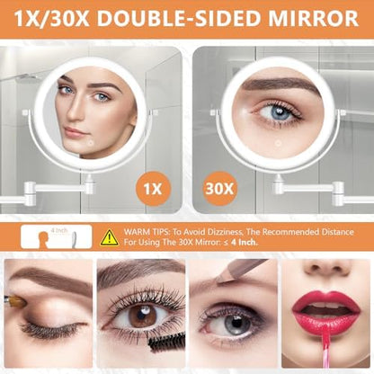 Auxmir 1X/30X Wall Mounted Makeup Mirror, 8" Rechargeable Magnifying Mirror