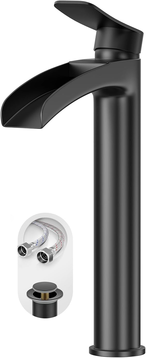 Phiestina Matte Black Tall Bathroom Vessel Sink Faucet, Waterfall Single Hole Single Handle Above Countertop Sink Bathroom Faucet, with Metal Pop Up Drain and Water Supply Lines, NS-SF01-MB-V