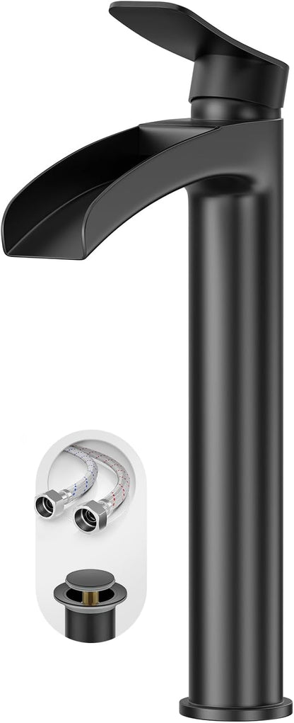 Phiestina Matte Black Tall Bathroom Vessel Sink Faucet, Waterfall Single Hole Single Handle Above Countertop Sink Bathroom Faucet, with Metal Pop Up Drain and Water Supply Lines, NS-SF01-MB-V