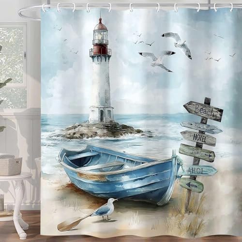Nautical Coastal Shower Curtain, Ocean Beach Lighthouse Shower Curtain, Blue Teal Seasides Sailboat Bathroom Accessories Fabric Waterproof with Hooks, 72X72in