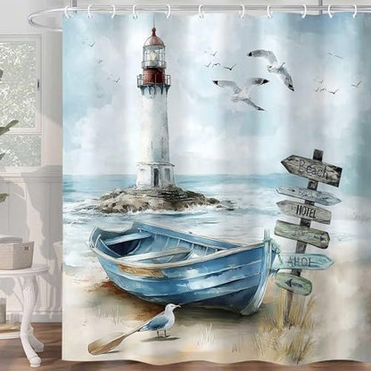 Nautical Coastal Shower Curtain, Ocean Beach Lighthouse Shower Curtain, Blue Teal Seasides Sailboat Bathroom Accessories Fabric Waterproof with Hooks, 72X72in
