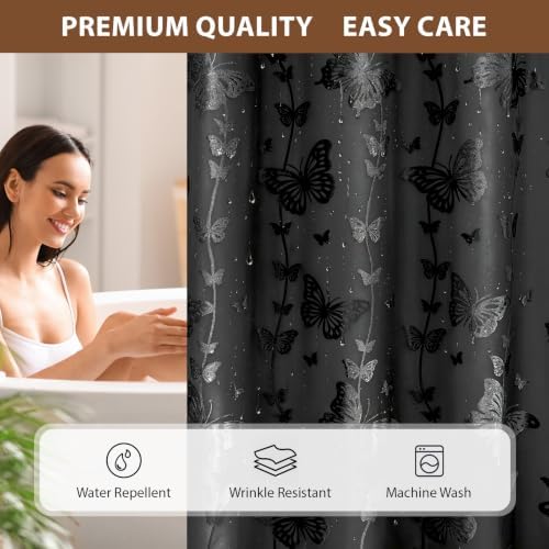 FADOTY No Hook Shower Curtain Snap in Liner Set with Black Butterfly Design