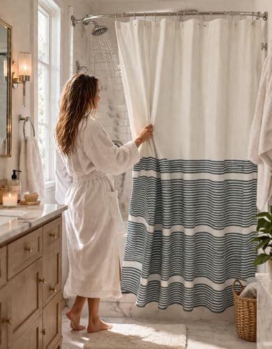 Serafina Home Nautical Striped Navy Denim Blue & White Shower Curtain