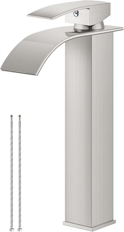 Airuida Vessel Sink Faucet Brushed Nickel, Tall Waterfall Bathroom Single Handle Single Hole, Deck Mount Mixer Tap with Large Rectangular Vessel Faucet Lavatory Vanity