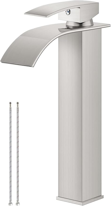 Airuida Vessel Sink Faucet Brushed Nickel, Tall Waterfall Bathroom Single Handle Single Hole, Deck Mount Mixer Tap with Large Rectangular Vessel Faucet Lavatory Vanity