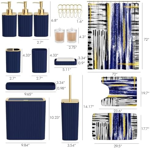 Bathroom Set - Bathroom Accessory Set, Navy Blue Bathroom Set, 26PC Bathroom Sets with Shower Curtain and Rugs, Toilet Brush, Trash Can, Qtip Holder & Bathroom Soap Dispenser Set