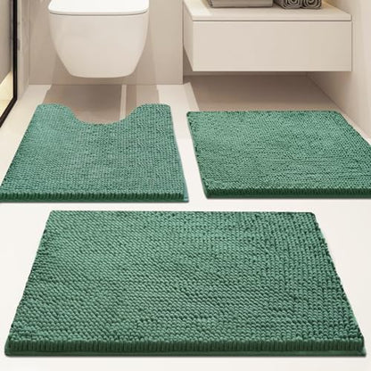 Bathroom Rugs Sets 3 Piece Non Slip,Bath Rugs with PVC Backing Bath Carpet,Bathroom Rug Washable,Absorbent,Plush Carpet Mats,Bath Mats for Bedroom, Kitchen,Tub,Home Decor Dark Green
