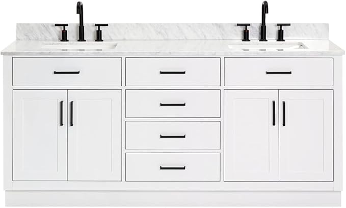 ARIEL Hepburn 72-inch Bathroom Vanity with Sink,Solid Wood, 0.75-inch Italian Carrara Marble Countertop, Double Rectangular Porcelain Sink, 4 Soft Closing Doors, 6 Dovetail Drawers, White