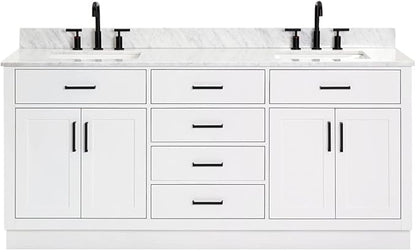 ARIEL Hepburn 72-inch Bathroom Vanity with Sink,Solid Wood, 0.75-inch Italian Carrara Marble Countertop, Double Rectangular Porcelain Sink, 4 Soft Closing Doors, 6 Dovetail Drawers, White