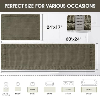 Upgraded Waffle Bath Mat Set 2 Piece Greyish Green-Bordered, Super Absorbent Non-Slip Quick Dry Bathroom Rugs with Tassels, Machine Washable Ultra Soft Boho Bath Rugs, Toilet Mats Boho Farmhouse Decor