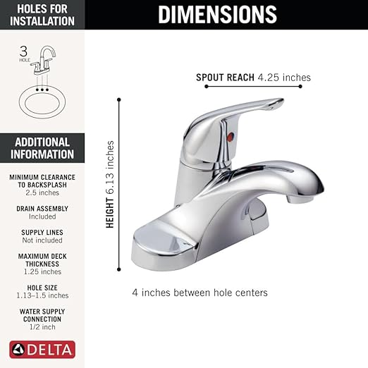 Delta Foundations Centerset Chrome Bathroom Faucet, 4 Inch 3 Hole Bathroom Sink Faucet for Vanity, Metal Push-Pop Drain Assembly, Chrome B501LF