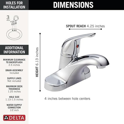 Delta Foundations Centerset Chrome Bathroom Faucet, 4 Inch 3 Hole Bathroom Sink Faucet for Vanity, Metal Push-Pop Drain Assembly, Chrome B501LF