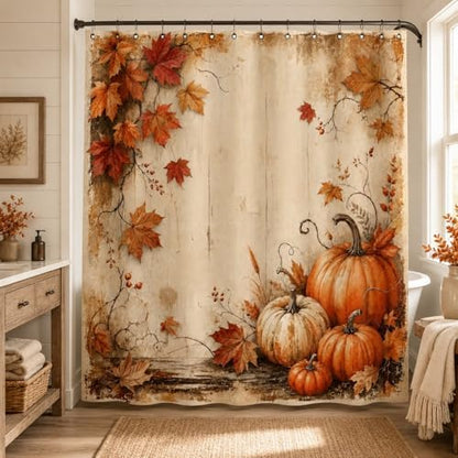 Fall Shower Curtain, Pumpkin Maple Leaves Vintage Wood Bathroom Curtain, Autumn Harvest Farmhouse Thanksgiving Bathroom Decor, Waterproof Polyester Fabric Shower Curtain with Hooks, 72x72 Inch