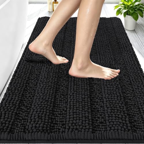 Smiry Thick Small Chenille Bathroom Rugs 24x16, Absorbent Bath Mat, Black
