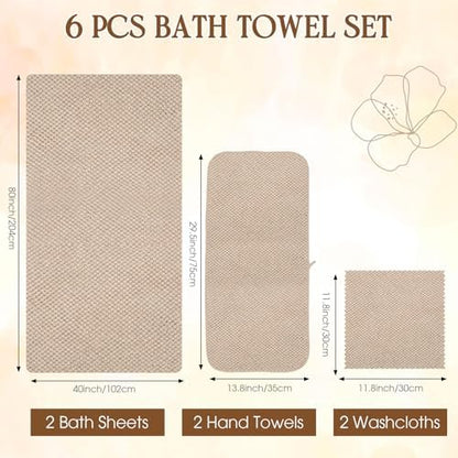 Peryiter 6 Pcs Bath Towel Set, Oversized Bath Sheet for Adults, Khaki