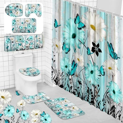 FuWeave 8 Pcs Teal Daisy Shower Curtain Set for Bathroom Include Farmhouse Rustic Daisy Flower Shower Curtain Towels Non Slip Rugs Toilet Lid Cover Bath Mat and 12 Hooks for Bathroom Decor
