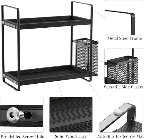 LEMIKKLE Bathroom Organizer Countertop, Counter Organizer for Bathroom Decor, Wooden Sink Shelf for Vanity Storage, Makeup Tray for Perfume Skincare Bedroom Kitchen Corner (Black)