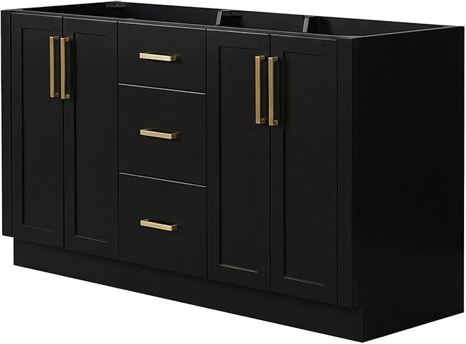 ARIEL Loren 60-inch Bathroom Vanity Base Cabinet,Solid Wood, 4 Soft Closing Doors, 3 Dovetail Drawers, Black