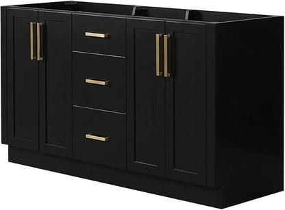 ARIEL Loren 60-inch Bathroom Vanity Base Cabinet,Solid Wood, 4 Soft Closing Doors, 3 Dovetail Drawers, Black