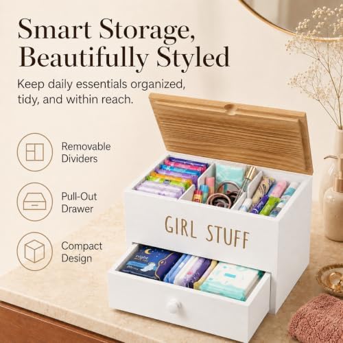 Tampon Holder for Bathroom, Girl Stuff Box for Bathroom with Lid and Drawer