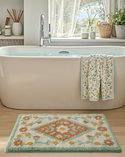 DEXI Boho Floral Bathroom Rug 43x24, Diamond Green Leaf Bath Mats Non Slip