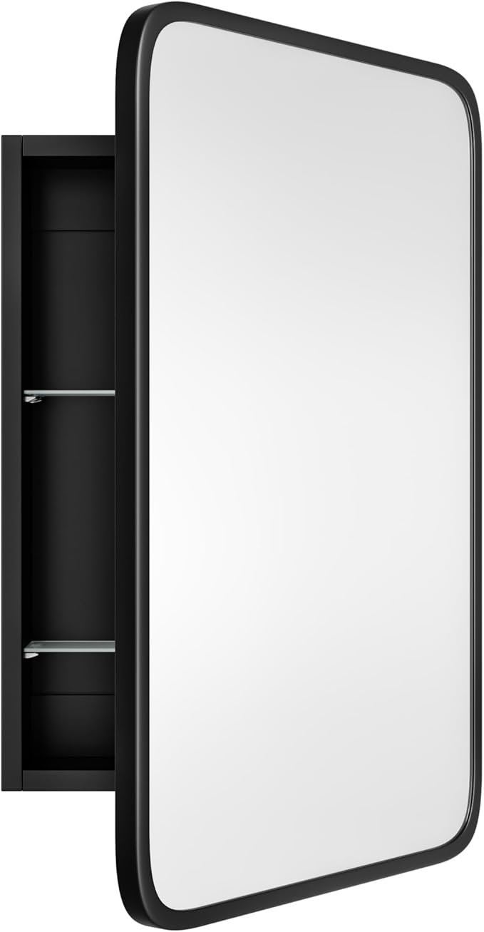Vintage-Style Bathroom Wood Black Cabinet with 16.5''x24'' Black Metal Frame Curved Mirror, Recessed Medicine Cabinet, in Wall or Surface Mount Bathroom Storage Cabinet