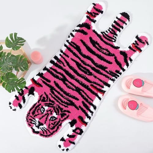 Panstar Pink Tiger Bath Mat for Bathroom, Cute Pink Tiger Cartoon Bath Mats Non Slip Animal Shaped Absorbent Bathtub Rug Bathroom Plush Shower Rugs