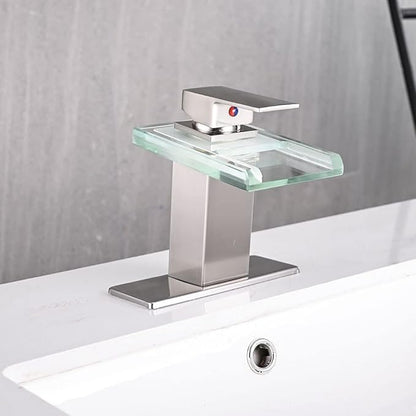 LED Bathroom Sink Faucet, Brushed Nickel Waterfall Single Hole Handle Vanity Faucets for Sinks 1 Hole with Metal Pop Up Drain and 2 Water Supply Lines, Open Glass Spout