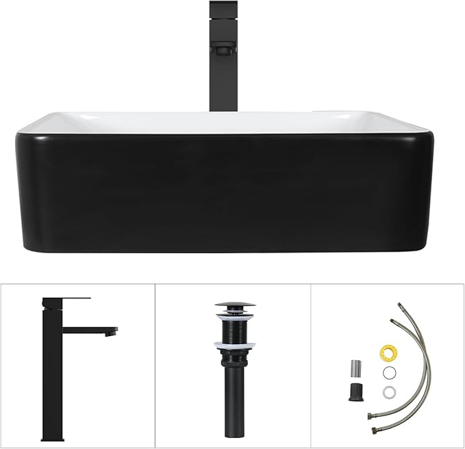Ceramic Bathroom Sink, Black and White 19" x 15" Above Counter Porcelain Vessel Sink with Black Faucet and Pop up drain Set, Rectangle