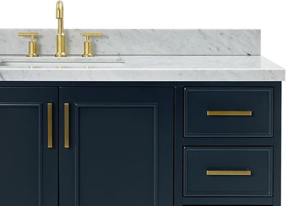 DKB Langford 54-inch Midnight Blue Bathroom Vanity with Center Rectangle Single Sink, Italian Carrara Marble Countertop & Backsplash, Solid Wood Frame, Soft-Closing & Dovetail Drawers